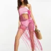 ASOS DESIGN Petite - Vestito Da Mare Midi Monospalla In Maglia Leggera Rosa Con Frange