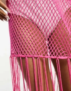 ASOS DESIGN Petite - Vestito Da Mare Midi Monospalla In Maglia Leggera Rosa Con Frange -Vendite ASOS Maternity || RIVER ISLAND || Monki 204417535 4