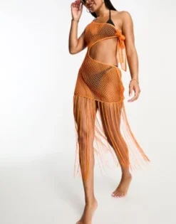 ASOS DESIGN - Vestito Da Mare Midi Monospalla Arancione Con Frange