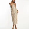 ASOS DESIGN Tall - Vestito Midi Color Crema Con Cut-out In Vita Decorato Con Paillettes A Goccia