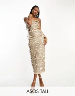 ASOS DESIGN Tall - Vestito Midi Color Crema Con Cut-out In Vita Decorato Con Paillettes A Goccia
