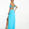 ASOS DESIGN - Vestito Midi Turchese Con Taglio Sbieco, Maniche Ad Aletta Con Spalline Sottili E Schiena Scoperta