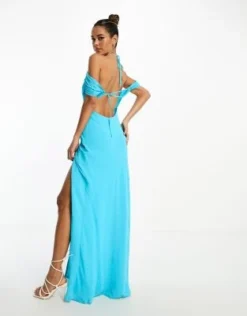 ASOS DESIGN - Vestito Midi Turchese Con Taglio Sbieco, Maniche Ad Aletta Con Spalline Sottili E Schiena Scoperta