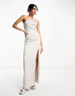 Extro & Vert Tall - Vestito Lungo Monospalla In Raso Grigio Pietra Con Spacco