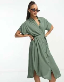 Vero Moda - Vestito Camicia Midi Verde Con Cintura Annodata