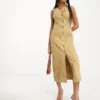 ASOS DESIGN - Vestito Midi In Twill Color Cammello Con Bottoni