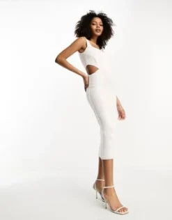 Rare London - Vestito Midi Con Cut-out Bianco Con Paillettes Iridescenti