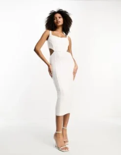 Rare London - Vestito Midi Con Cut-out Bianco Con Paillettes Iridescenti -Vendite ASOS Maternity || RIVER ISLAND || Monki 204454965 3