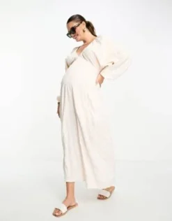 ASOS Maternity ASOS DESIGN Maternity - Vestito Midi Crema Testurizzato Con Scollo A V E Maniche Ad Ali Di Pipistrello -Vendite ASOS Maternity || RIVER ISLAND || Monki 204478398 4