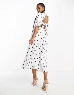 Style Cheat - Vestito Midi Allacciato Dietro Bianco A Pois