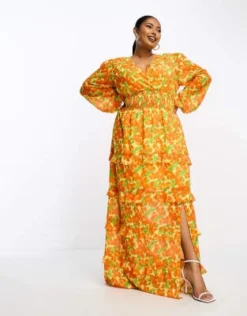 Pretty Lavish Curve - Vestito Lungo Con Vita Arricciata Arancione A Fiori Gialli