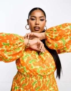 Pretty Lavish Curve - Vestito Lungo Con Vita Arricciata Arancione A Fiori Gialli -Vendite ASOS Maternity || RIVER ISLAND || Monki 204485427 3