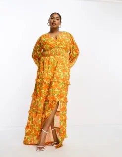 Pretty Lavish Curve - Vestito Lungo Con Vita Arricciata Arancione A Fiori Gialli -Vendite ASOS Maternity || RIVER ISLAND || Monki 204485427 4