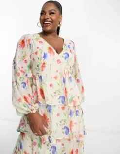 Pretty Lavish Curve - Vestito Color Avorio A Fiori Con Volant E Gonna Al Polpaccio -Vendite ASOS Maternity || RIVER ISLAND || Monki 204485434 3
