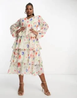 Pretty Lavish Curve - Vestito Color Avorio A Fiori Con Volant E Gonna Al Polpaccio -Vendite ASOS Maternity || RIVER ISLAND || Monki 204485434 4