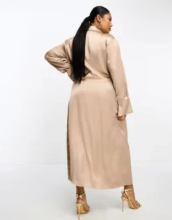 Pretty Lavish Curve - Vestito Camicia Lungo In Raso Color Moka Allacciato In Vita -Vendite ASOS Maternity || RIVER ISLAND || Monki 204485441 3