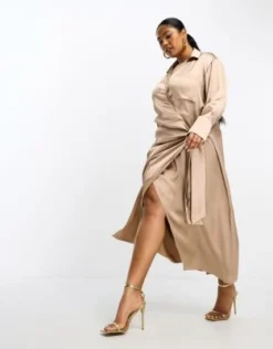 Pretty Lavish Curve - Vestito Camicia Lungo In Raso Color Moka Allacciato In Vita -Vendite ASOS Maternity || RIVER ISLAND || Monki 204485441 4