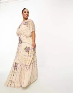 ASOS DESIGN Curve - Vestito Lungo Color Crema Con Decorazioni Floreali E Maniche Ad Ali Di Pipistrello
