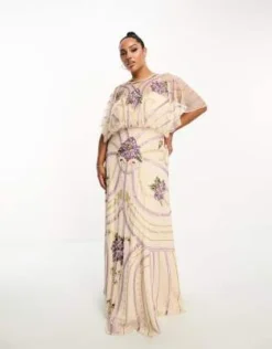 ASOS DESIGN Curve - Vestito Lungo Color Crema Con Decorazioni Floreali E Maniche Ad Ali Di Pipistrello -Vendite ASOS Maternity || RIVER ISLAND || Monki 204485465 4