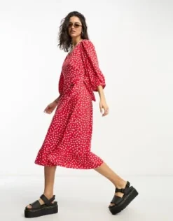 Only - Vestito Midi A Portafoglio Rosso A Pois Con Maniche A Sbuffo -Vendite ASOS Maternity || RIVER ISLAND || Monki 204501791 4