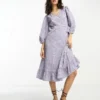 Only - Vestito Midi Avvolgente Con Maniche A Sbuffo Lilla E Blu A Fiori