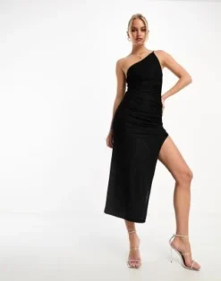 Miss Selfridge - Vestito Lungo Fasciante Monospalla Nero In Jacquard Con Dettagli Arricciati Sui Lati -Vendite ASOS Maternity || RIVER ISLAND || Monki 204512966 4