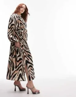 Topshop Curve - Riviera - Vestito Midi A Maniche Lunghe Con Stampa Animalier