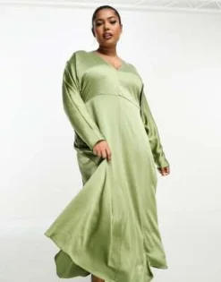 ASOS DESIGN Curve - Vestito Midi In Raso Con Scollo A V E Maniche Lunghe Color Kaki -Vendite ASOS Maternity || RIVER ISLAND || Monki 204513181 3