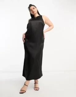 ASOS DESIGN Curve - Vestito Midi Con Scollo A Vogatore In Raso Nero