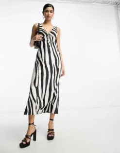 ASOS DESIGN - Vestito Midi In Raso Con Stampa Zebrata Astratta, Taglio Sbieco E Laccetti -Vendite ASOS Maternity || RIVER ISLAND || Monki 204515708 4