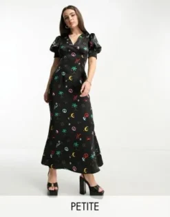 Never Fully Dressed Petite - Vestito Lungo Con Stampa "Neon Paradise" E Maniche A Sbuffo