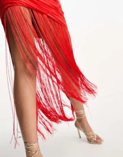 ASOS DESIGN - Vestito Lungo Arricciato In Rete Rosso Con Scollo Squadrato E Frange -Vendite ASOS Maternity || RIVER ISLAND || Monki 204531665 4