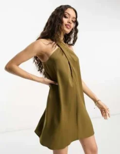 River Island Petite - Vestito Corto Kaki In Raso Allacciato Al Collo -Vendite ASOS Maternity || RIVER ISLAND || Monki 204533103 4