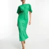 ASOS DESIGN - Vestito Midi Effetto Lino Verde Con Dettagli Arricciati E Maniche Con Volant