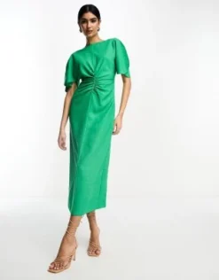 ASOS DESIGN - Vestito Midi Effetto Lino Verde Con Dettagli Arricciati E Maniche Con Volant -Vendite ASOS Maternity || RIVER ISLAND || Monki 204540122 4