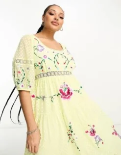 ASOS DESIGN Curve - Vestito Midi Giallo Limone Plumetis Ricamato Con Finiture All'uncinetto E Scollo Rotondo -Vendite ASOS Maternity || RIVER ISLAND || Monki 204540493 3