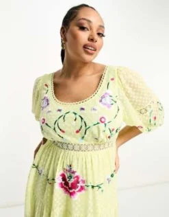 ASOS DESIGN Curve - Vestito Midi Giallo Limone Plumetis Ricamato Con Finiture All'uncinetto E Scollo Rotondo -Vendite ASOS Maternity || RIVER ISLAND || Monki 204540493 4