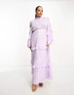 ASOS DESIGN Curve - Vestito Lungo Accollato A Pieghe Arricciato Con Volant Sui Bordi E Motivo Cachemire