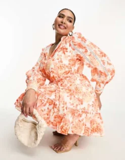 Forever New Curve - Vestito Camicia Corto Color Corallo A Fiori Allacciato In Vita