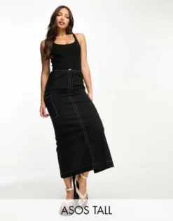 ASOS DESIGN Tall - Vestito 2 In 1 Nero Con Cuciture A Contrasto Composto Da Gonna Midi Cargo E Canotta Con Scollo Rotondo