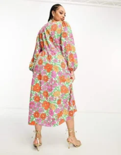 Vila Curve - Vestito Midi A Fiori Con Maniche A Palloncino E Volant In Vita Con Stampa Vivace A Fiori -Vendite ASOS Maternity || RIVER ISLAND || Monki 204546827 3