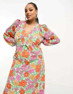 Vila Curve - Vestito Midi A Fiori Con Maniche A Palloncino E Volant In Vita Con Stampa Vivace A Fiori -Vendite ASOS Maternity || RIVER ISLAND || Monki 204546827 4