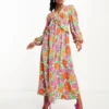 Vila Petite - Vestito Midi A Fiori Grandi E Vivaci Con Maniche A Palloncino E Volant In Vita