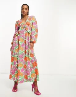 Vila Petite - Vestito Midi A Fiori Grandi E Vivaci Con Maniche A Palloncino E Volant In Vita -Vendite ASOS Maternity || RIVER ISLAND || Monki 204546937 3