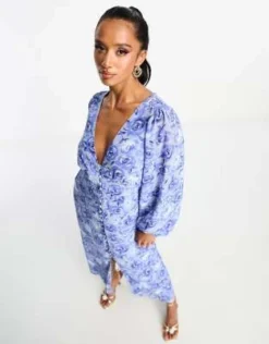 Vila Petite - Vestito Lungo Blu A Fiori Con Scollo A V E Bottoni -Vendite ASOS Maternity || RIVER ISLAND || Monki 204546945 4