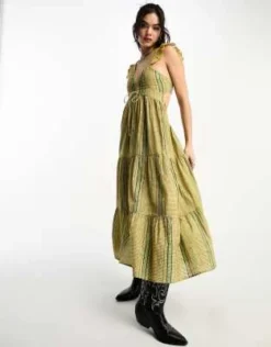 Reclaimed Vintage - Vestito Midi Stile Country Verde A Righe Marroni