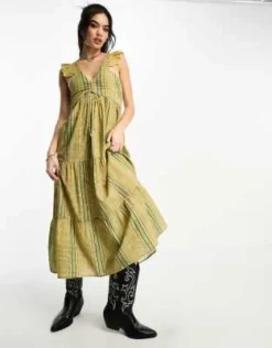 Reclaimed Vintage - Vestito Midi Stile Country Verde A Righe Marroni -Vendite ASOS Maternity || RIVER ISLAND || Monki 204548877 4