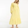 Monki - Vestito Midi A Maniche Lunghe Giallo A Quadretti Con Fondo Increspato