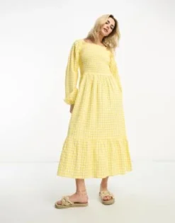 Monki - Vestito Midi A Maniche Lunghe Giallo A Quadretti Con Fondo Increspato