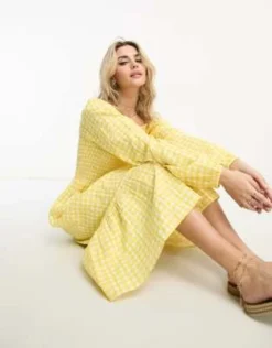 Monki - Vestito Midi A Maniche Lunghe Giallo A Quadretti Con Fondo Increspato -Vendite ASOS Maternity || RIVER ISLAND || Monki 204549931 4